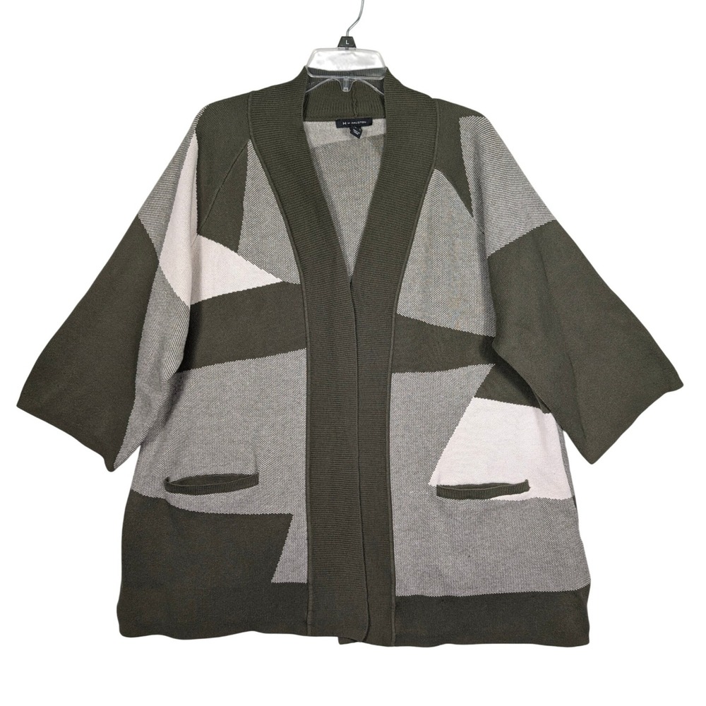 H by Halston M Olive Green Patchwork Knit‎ Open Front Cardigan Sweater Oversized